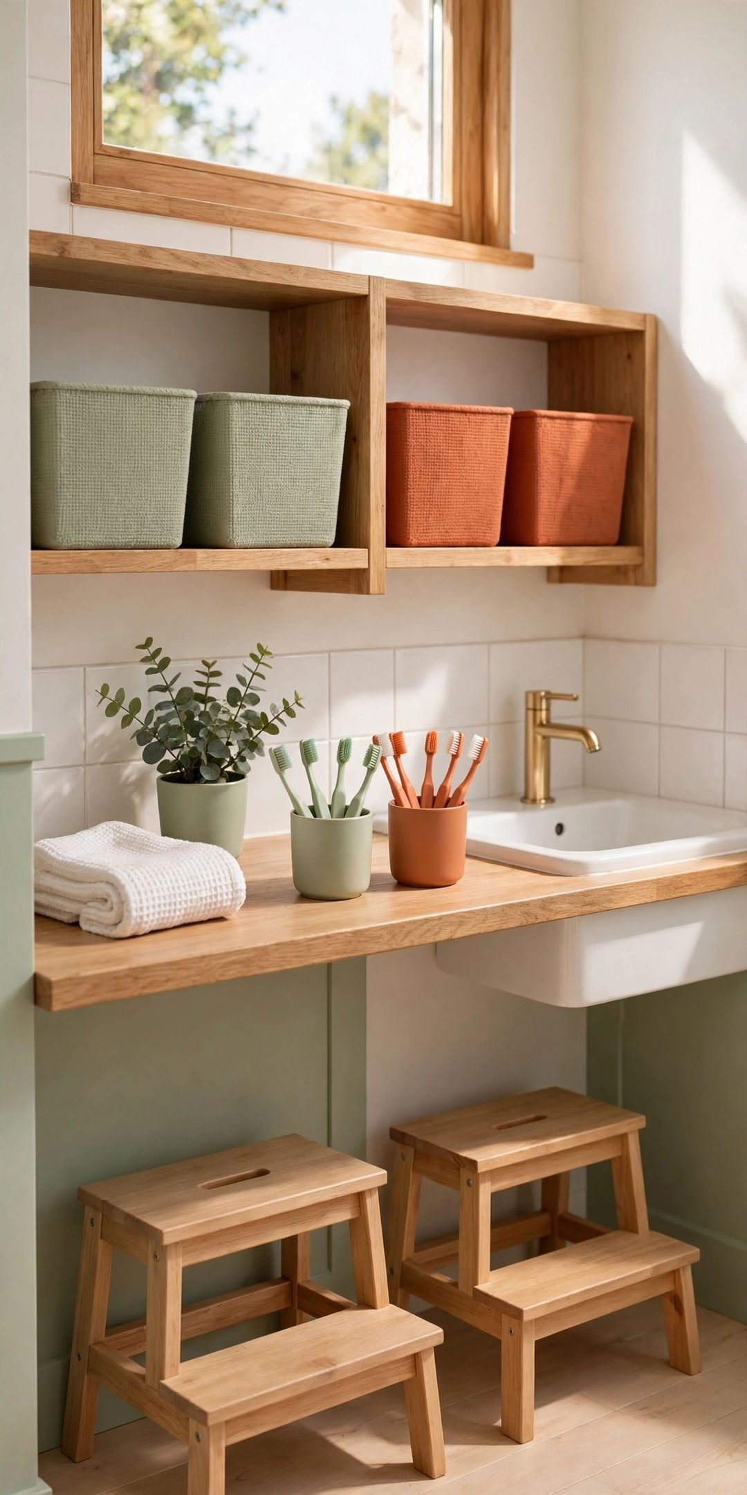 Kids Sharing One Bathroom: 11 Storage Systems Sorted by Height and Color